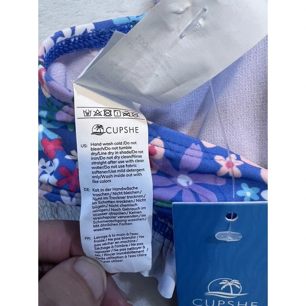 CUPSHE Bikini Top Swimsuit Medium Bandeau Floral Blue Top Back Tie New With Tag